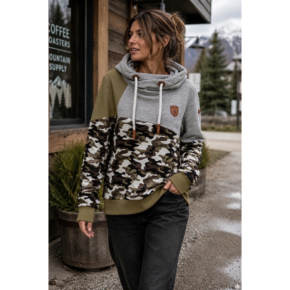 Wanakome Reyene Camo Cowl Neck Pullover Hoodie Sweatshirt Gray Olive M